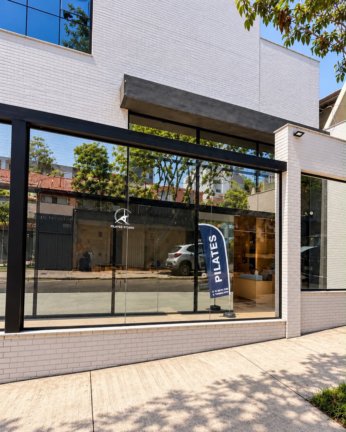 Fachada envidraçada do estúdio Be Health Pilates Studio.